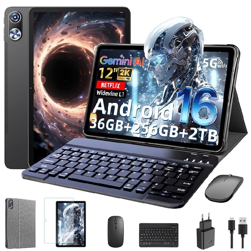Raemond Tableta de 12 Pulgadas con Teclado｜ Android 16 con Gemini AI｜ 36GB RAM + 256GB