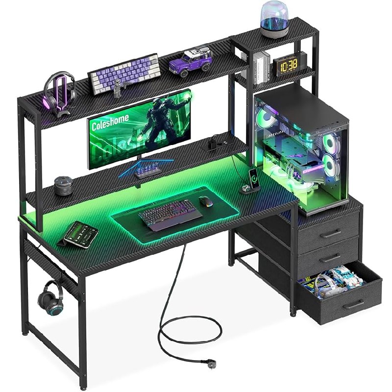 Coleshome Escritorio Gaming con Estanteria y Cajones, 137x48cm Mesa Gaming con Iluminación