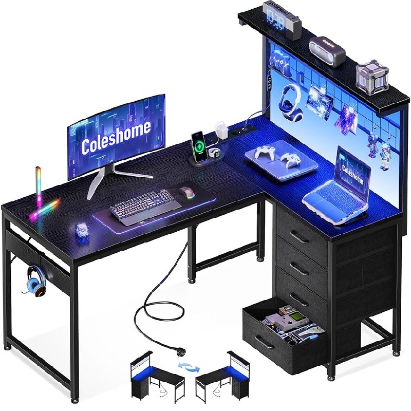 Coleshome Escritorio Gaming Esquinero 4 Cajones, 130x100cm