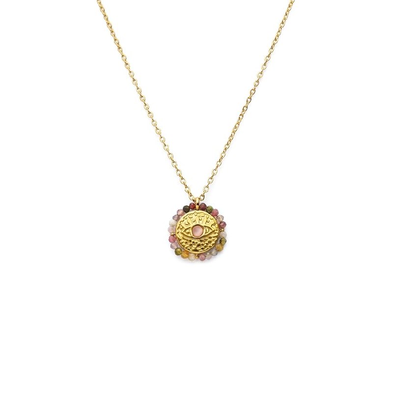 SINGULARU – Collar Medallion Stones Eye. Acero con Acabado en Baño de Oro de 18Kt.