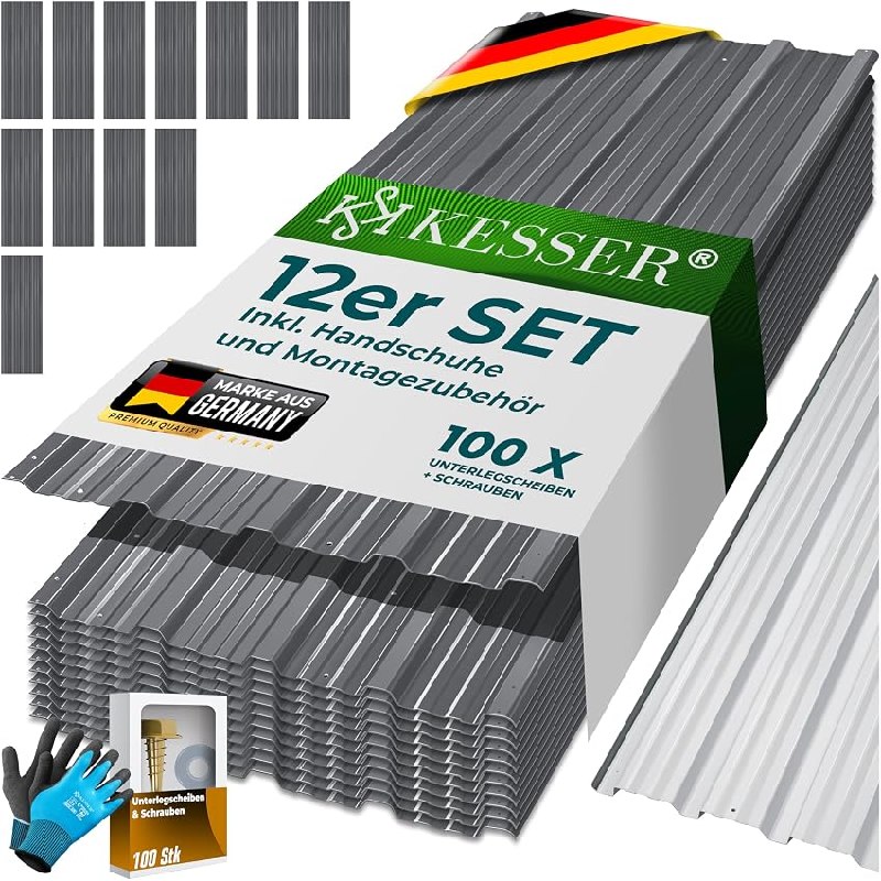 KESSER® 12 chapas perfiladas trapezoidales 129 x 45 cm = 7 m². Chapa de techo para almacén