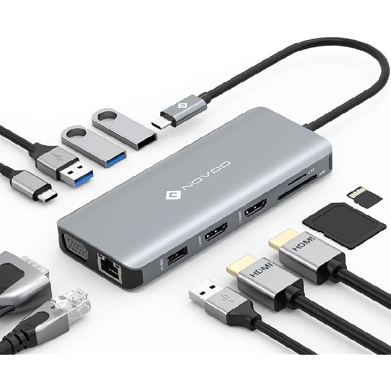 NOVOO Hub USB C con Doble HDMI 4K, Docking Station USB C 11 en 1 con RJ45 Gigabit Ethernet