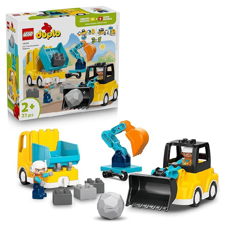 LEGO Duplo Vehículos de Construcción “3en1” – Juego Educativo Montessori con Camiones