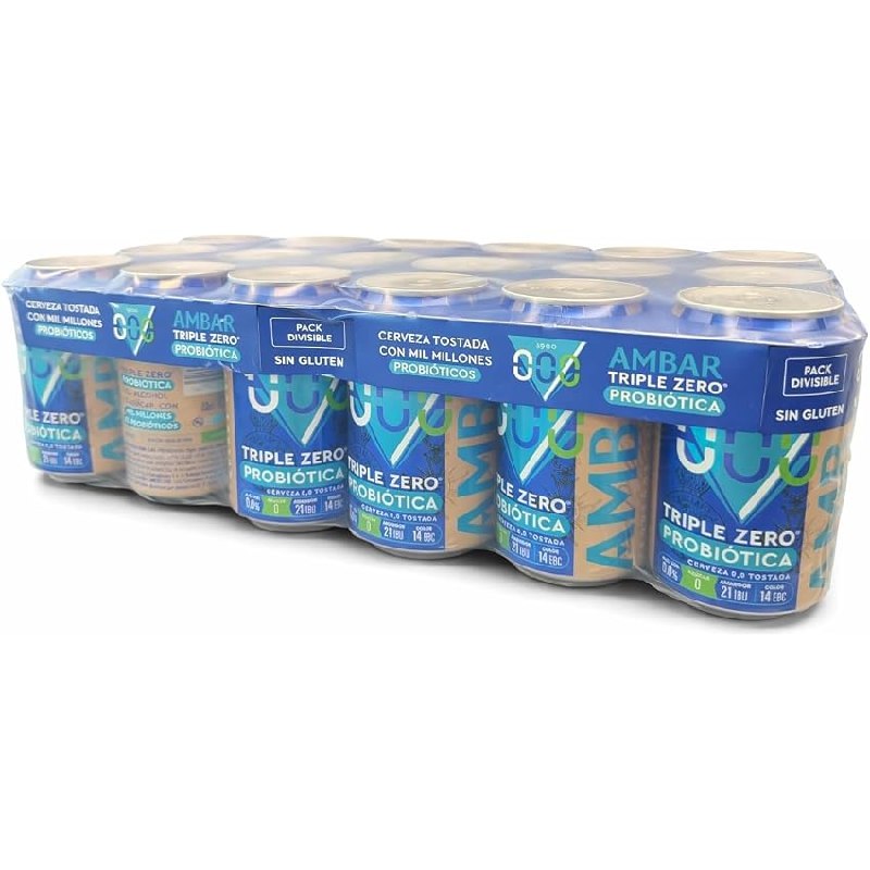 Ambar cerveza 000 Tostada 0,0% Alc. 0 Azúcar con Probióticos, Pack 24 und.