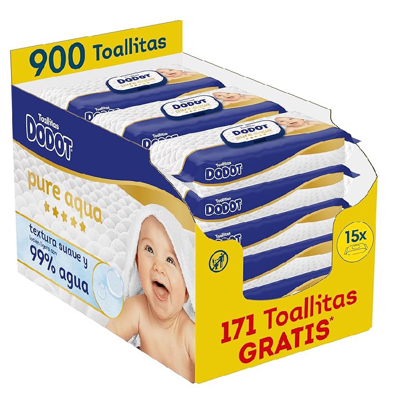 Dodot Pure Aqua Toallitas con Textura Suave para bebé, 900 toallitas (15 Packs de 60 unidades)