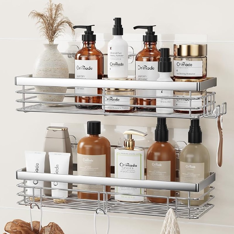 Orimade Adhesivo Estantes Cesta para Ducha con 5 Ganchos para Colgar Esponjas y Cuchillas
