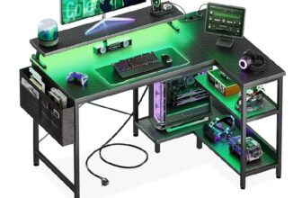 Coleshome Escritorio Gaming con LED, 100x80cm Escritorio Esquinero con Estanteria Reversibles