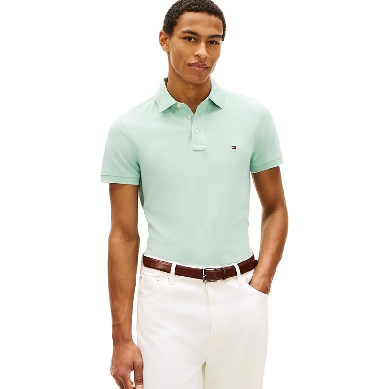 Tommy Hilfiger Polo de Manga Corta Hombre 1985 Slim Fit, Verde (Crushed Mint)