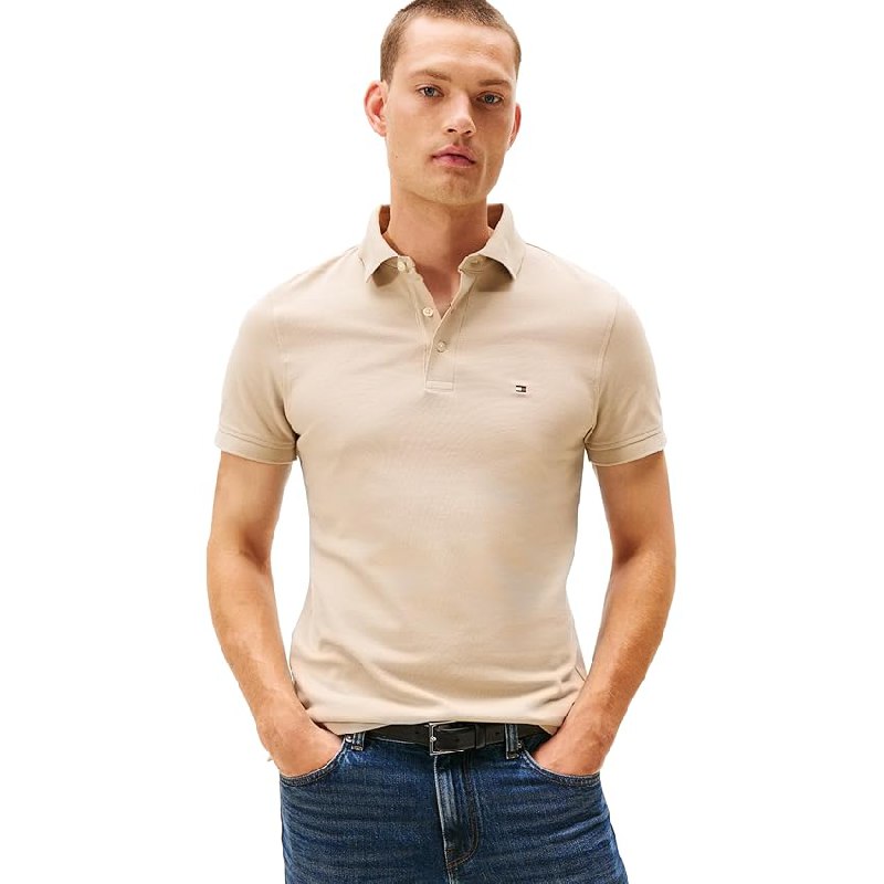 Tommy Hilfiger Polo de Manga Corta Hombre 1985 Slim Slim Fit, Beige (Sandalwood)