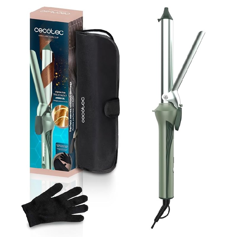 Cecotec Rizador de Pelo con Pinza 25mm SurfCare CurlClip Olive. Revestimiento Cerámica
