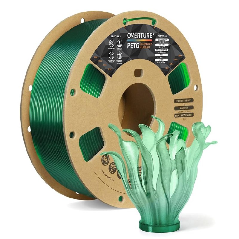 OVERTURE Filamento PETG 1.75mm para Impresoras 3D, Perfectamente Enrollado Filamento