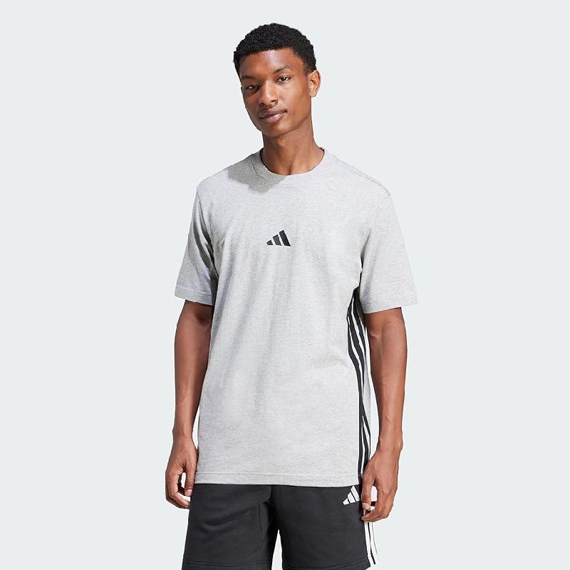 adidas Hombre Essential Three Stripes Single Jersey Shirt, Medium Grey Heather/Black