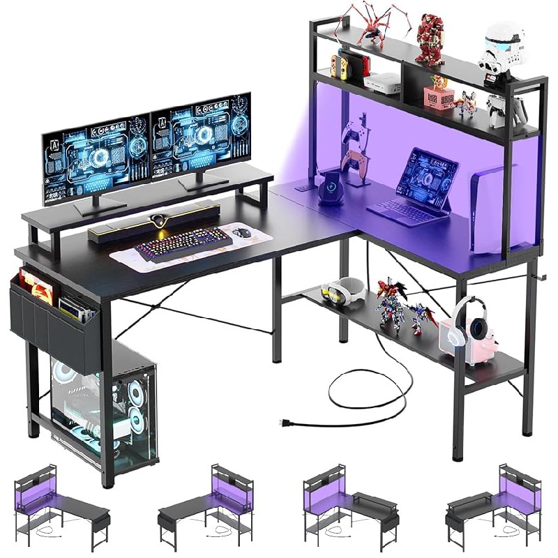 iSunirm Escritorio Gaming con LED,125×90 cm Escritorio en L con Enchufes y Puerto de Carga USB,Mesa