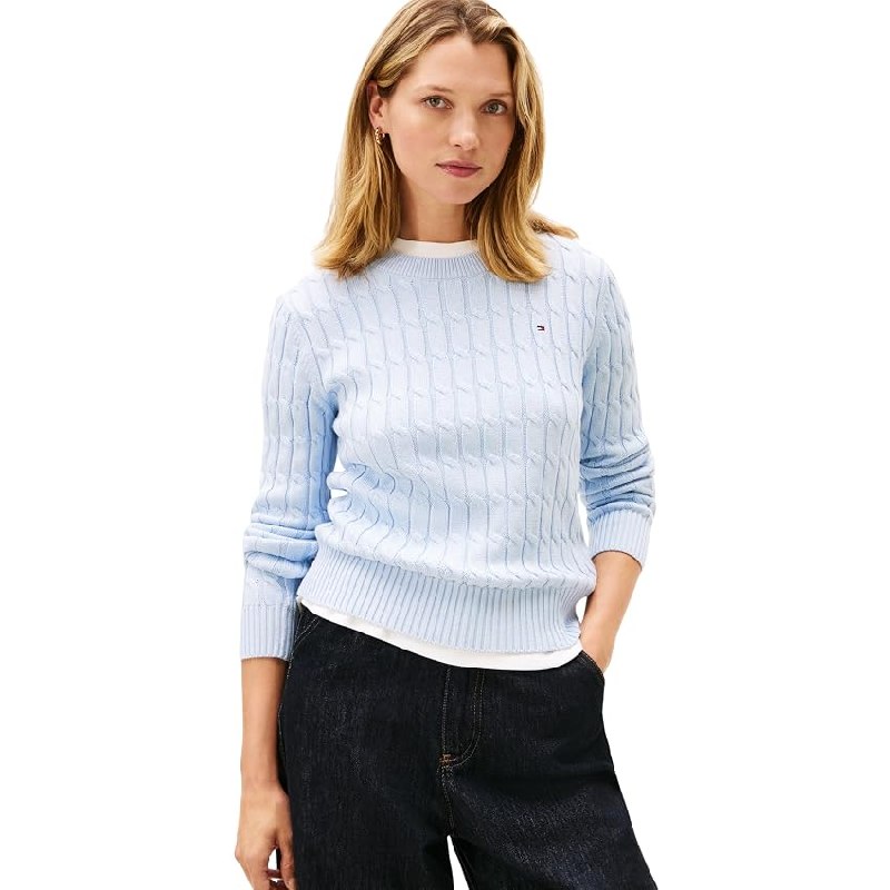Tommy Hilfiger Jersey Mujer Cable de Algodón, Azul (Breezy Blue)