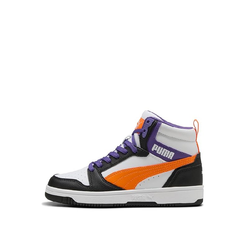 Puma Tenis Unisex para niños Rebound V6 Mid Jr, Puma Blanco Naranja GLO Puma Negro