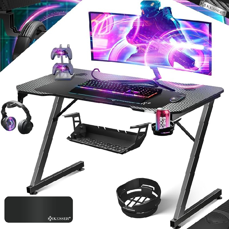 KESSER® Mesa Gaming | 120 x 60 cm | Escritorio para Gamer en Forma de Z | Soporte