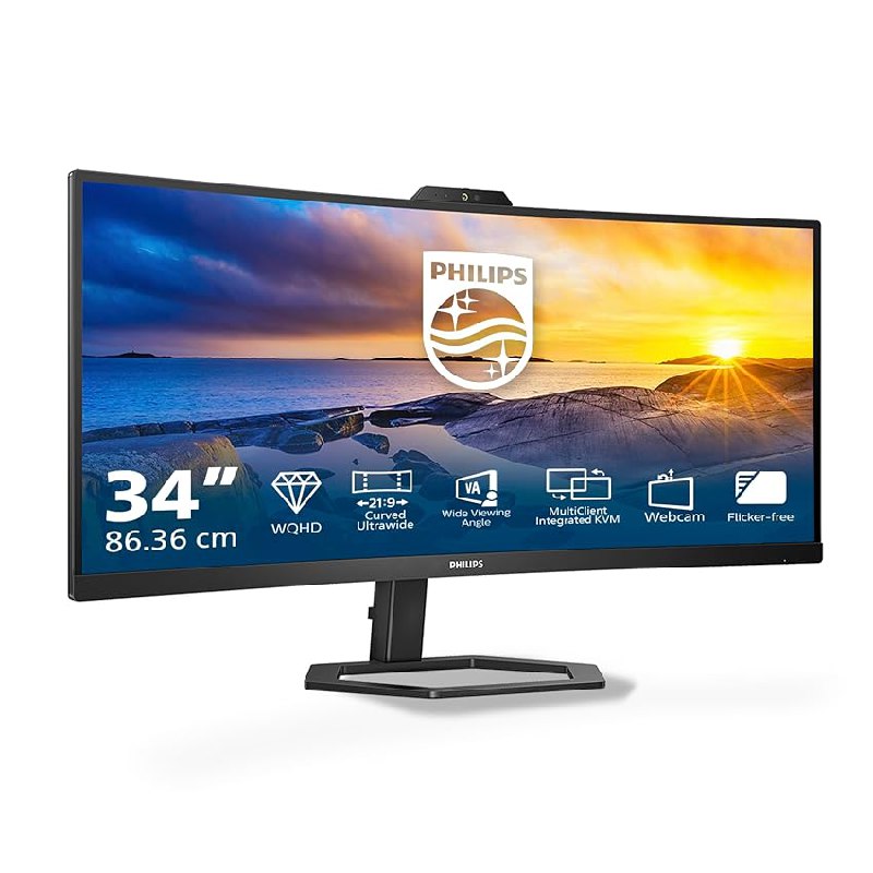 Philips 34E1C5600AM – Monitor Curvo WQHD de 34 Pulgadas, Webcam