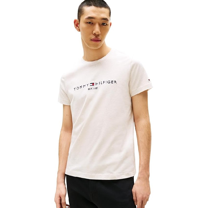 Tommy Hilfiger Camiseta de Manga Corta Hombre Slim Fit, Beige (Heathered Oatmilk)