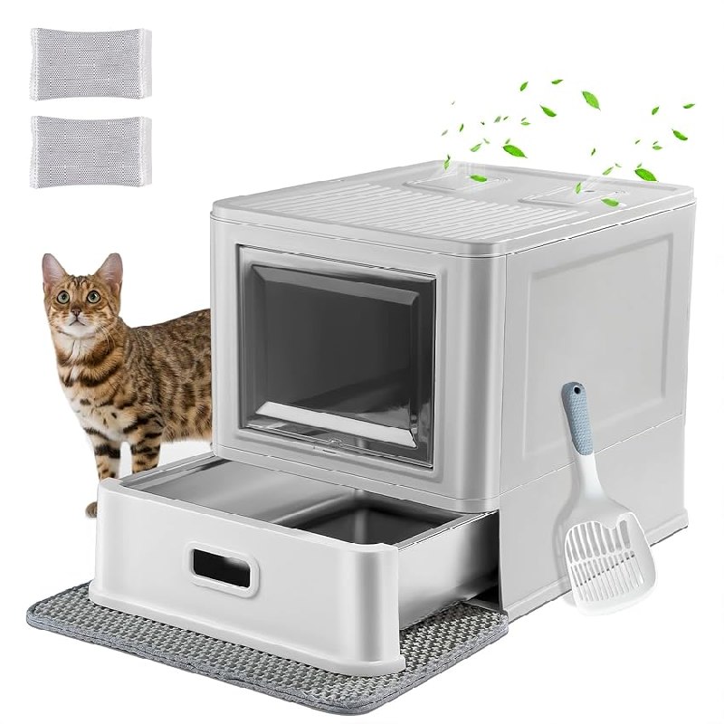 Marchul Caja de Arena para Gatos, Cerrada en Acero Inoxidable con Tapa y Diseño de Cajón Extraíble