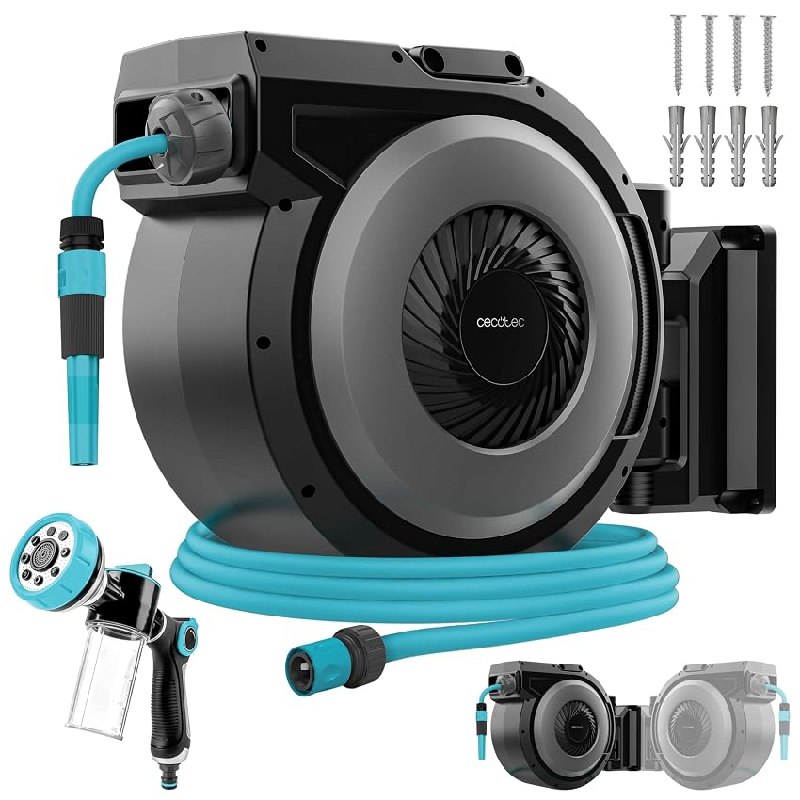 Cecotec Carrete de Manguera 30m HydroShell 300 Pro. Enrollador Automático con SlowReturn