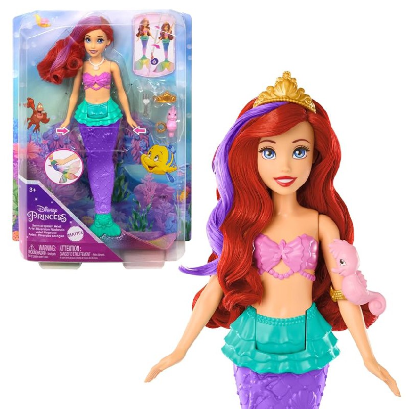 Mattel Disney Princess Juguetes, Muñeca de Ariel Sirena Nadadora con Cola y Pelo que cambia de color