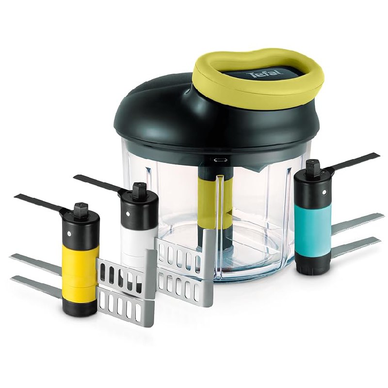 Tefal 5 Segundos – Picadora Manual 900 ml | 4 Cabezales con Cuchillas de Acero Inoxidable y Hoja para Puré