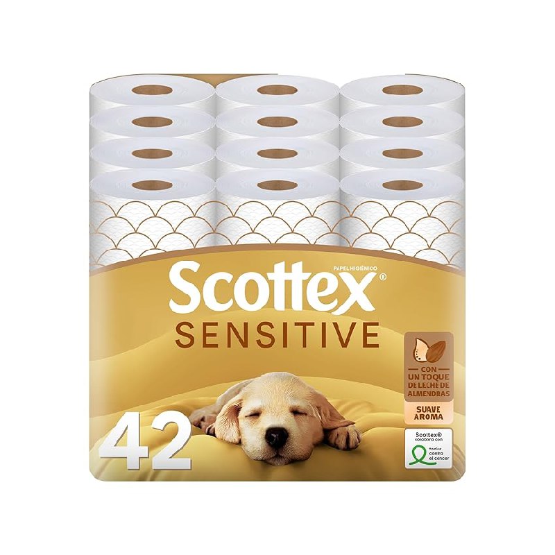 Scottex Papel Higiénico Sensitive 42 rollos con 3 capas cuidado delicado gracias al