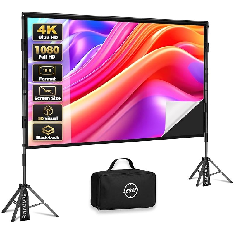 LEORFI Pantalla Proyector 120 Pulgadas con Trípode Portátil, Fondo Negro