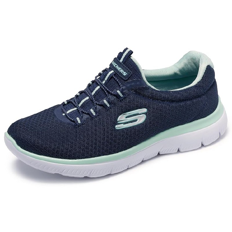 Skechers Mujer Summits 12980W Wide Zapatillas, Navy Mesh/ Aqua Trim
