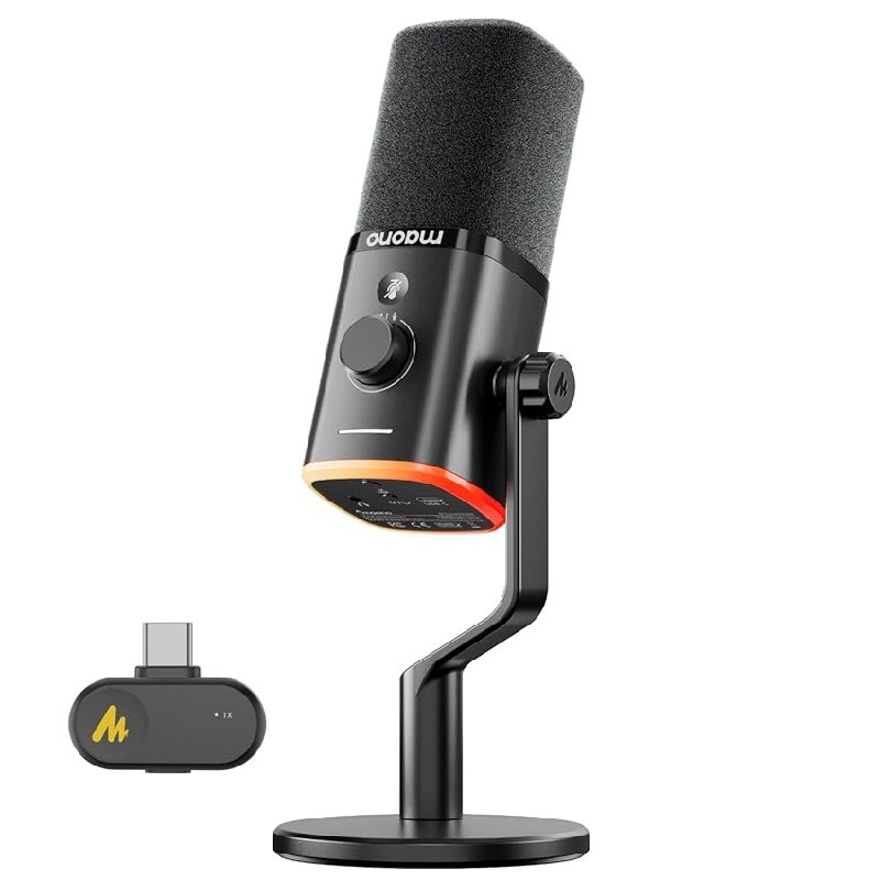 MAONO PD100W Micrófono Gaming Inalámbrico para PC, Micrófono Dinámico USB con Reducción de Ruido