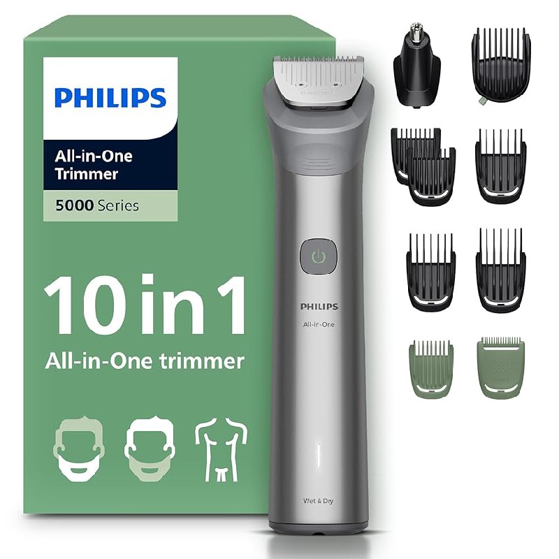 Philips Recortadora todo en uno de 10 en 1 Serie 5000 – Afeitadora y cortapelos hombre para rostro