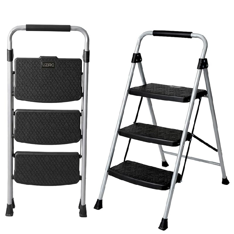UZIRO Escalera Plegable 3 Peldaños, Estructura de Acero y Aluminio
