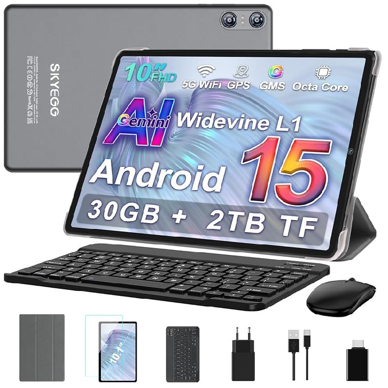 SKYEGG Tablet 10 Pulgadas Android 15 con Gemini AI, 30 GB RAM + Ampliable 2 TB ROM