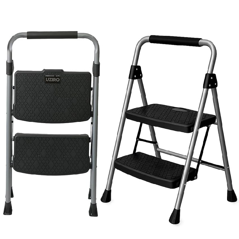 UZIRO Escalera Plegable 2 Peldaños, Estructura de Acero y Aluminio