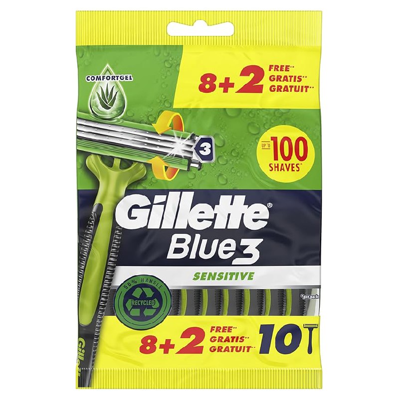 Gillette Blue3 Sensitive Maquinilla de Afeitar Hombre, Pack de 10