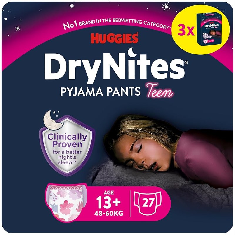 Huggies DryNites – Pañales de noche para enuresis, para niñas de 13 a 17 años (48)