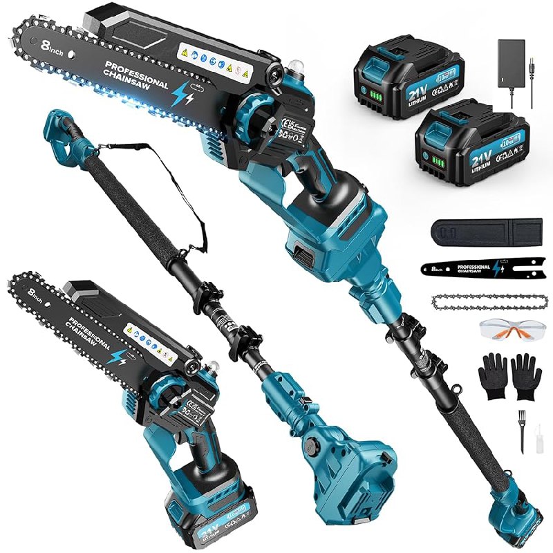 2-en-1 8 Pulgadas Mini Motosierra de Pértiga Inalámbrica con 2 Baterías de 4000mAh