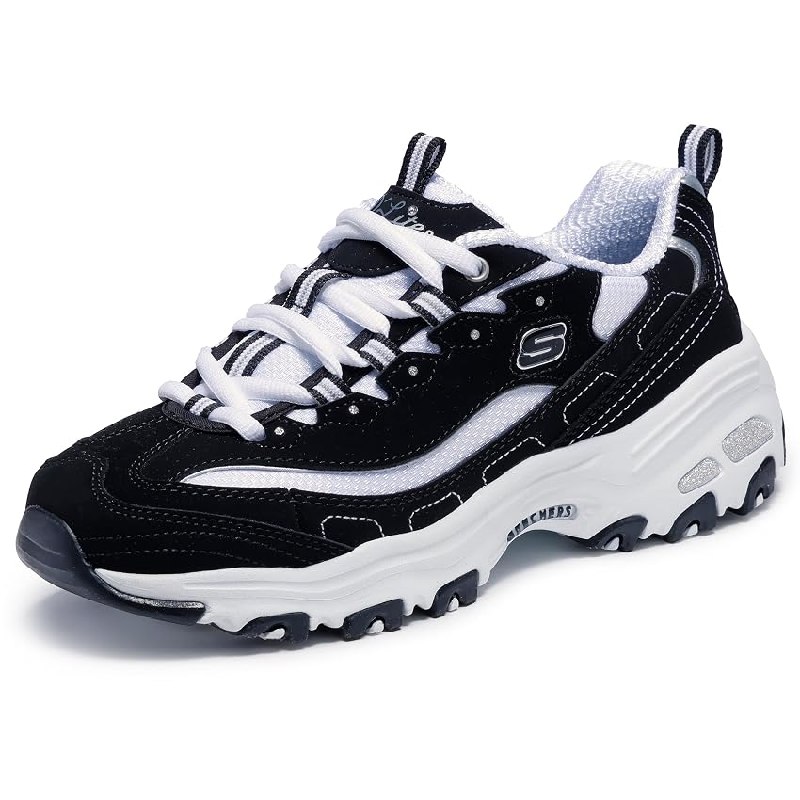 Skechers Mujer D’Lites Biggest Fan Trainers, Black Trubuck/White Mesh/ Silver Trim