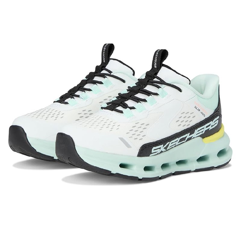 Skechers Niñas Glide-Step + Vista Lane Slip-In ENTRENADOR, White Synthetic/Black/Turquoise Trim