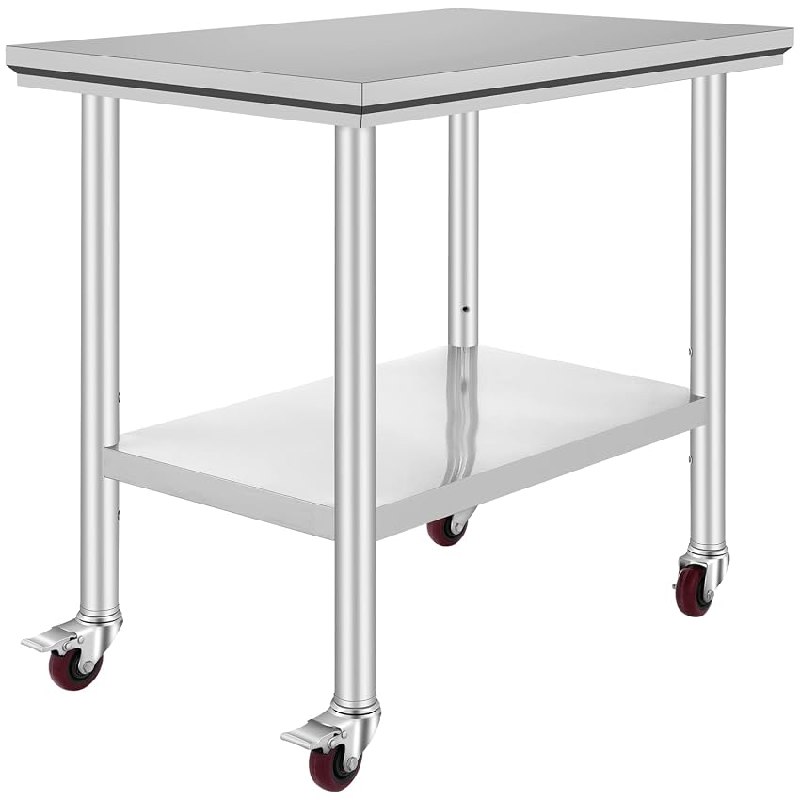 VEVOR Mesa de Trabajo 2 Niveles 90 x 60 x 85 cm, Mesa con Ruedas de Acero Inoxidable