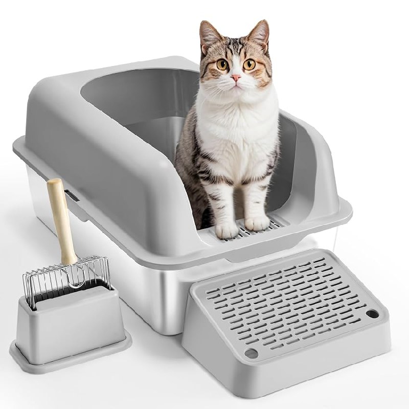 VEVOR Caja de Arena para Gatos 60 x 40 x 30 cm Arenero Extragrande de Acero Inoxidable con Pala