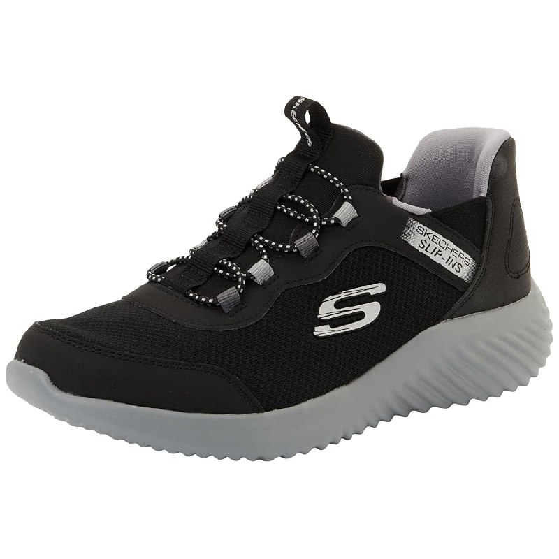 Skechers Niños Bounder Brisk-Burst Slip-In ENTRENADOR, Black Synthetic / Textile / Charcoal Trim