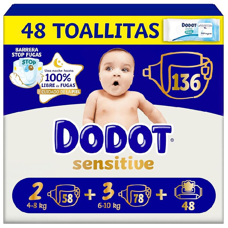 Dodot Sensitive Kit Recién Nacido Pañales + toallitas, 58 Pañales de la Talla 2 +