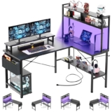 iSunirm Escritorio Gaming con LED,125×90 cm Escritorio en L con Enchufes y Puerto de Carga USB,Mesa