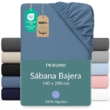 Twinzen Sábana Bajera Jersey Algodón 140×200 Azul Altura 30 cm